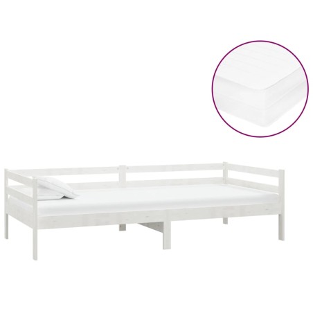 Lit de repos avec matelas 90x200 cm Blanc Bois de pin massif