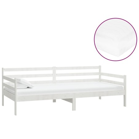 Lit de repos avec matelas 90x200 cm Blanc Bois de pin massif