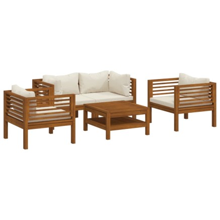 Salon de jardin 5 pcs avec coussin crème Bois d'acacia solide 2