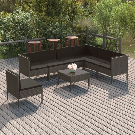 Salon de jardin 8 pcs avec coussins résine tressée gris