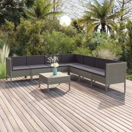 Salon de jardin 8 pcs avec coussins résine tressée gris
