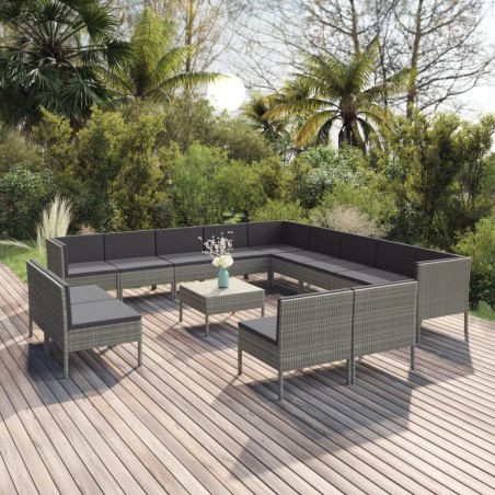 Salon de jardin 14 pcs avec coussins Résine tressée Gris