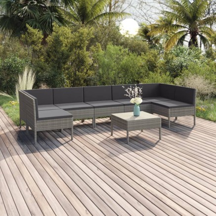 Salon de jardin 8 pcs avec coussins résine tressée gris