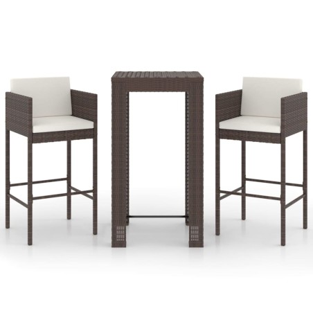 Meubles de bar de jardin 3pcs et coussins Résine tressée Marron