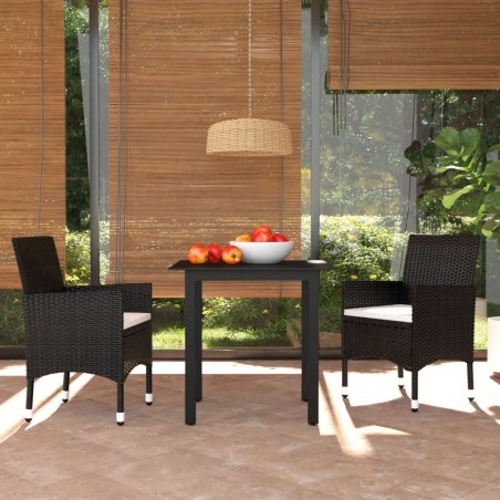 Ensemble à dîner de jardin avec coussins 3 pcs poly rotin noir