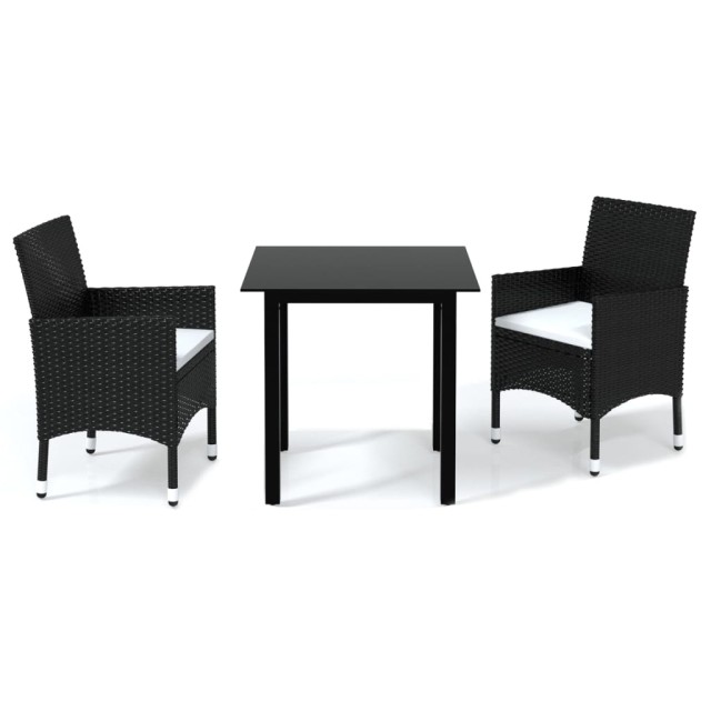 Ensemble à dîner de jardin avec coussins 3 pcs poly rotin noir