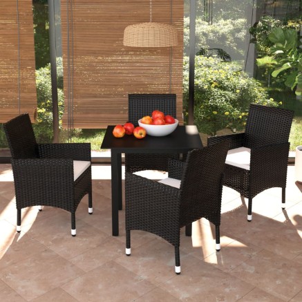 Ensemble à dîner de jardin avec coussins 5 pcs poly rotin noir