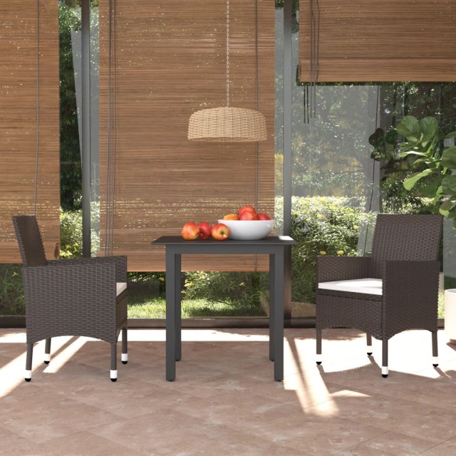 Ensemble à dîner de jardin avec coussins 3 pcs poly rotin brun