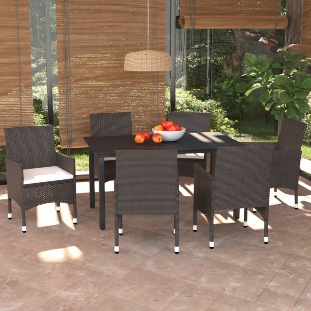 Ensemble à manger de jardin et coussins 7 pcs marron poly rotin
