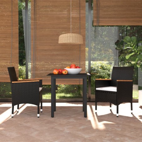 Ensemble à dîner de jardin avec coussins 3 pcs poly rotin noir