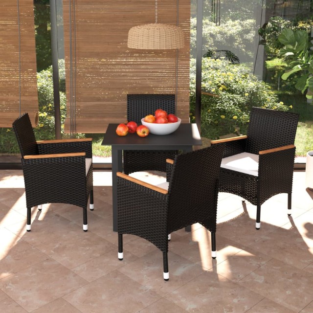Ensemble à dîner de jardin avec coussins 5 pcs poly rotin noir