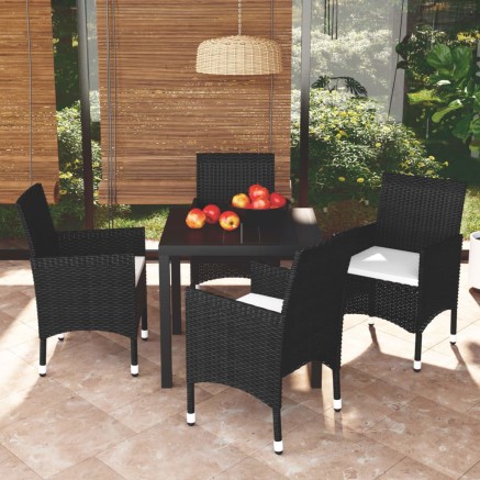 Ensemble à dîner de jardin avec coussins 5 pcs poly rotin noir