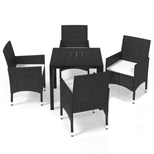 Ensemble à dîner de jardin avec coussins 5 pcs poly rotin noir