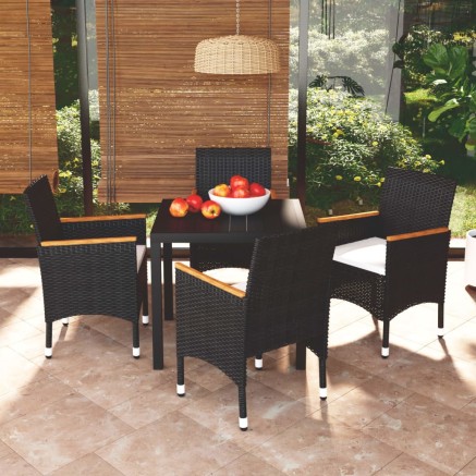 Ensemble à dîner de jardin avec coussins 5 pcs poly rotin noir