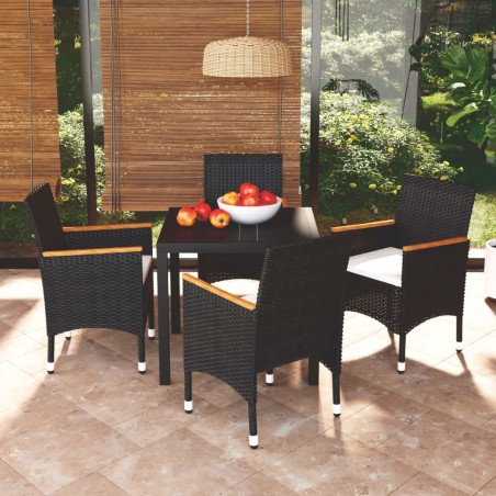 Ensemble à dîner de jardin avec coussins 5 pcs poly rotin noir