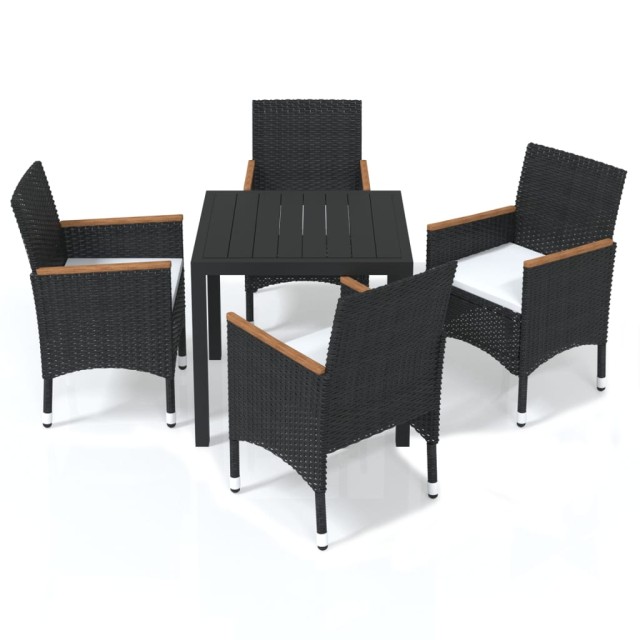 Ensemble à dîner de jardin avec coussins 5 pcs poly rotin noir