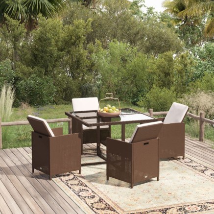 Ensemble à dîner de jardin avec coussins 5 pcs poly rotin brun