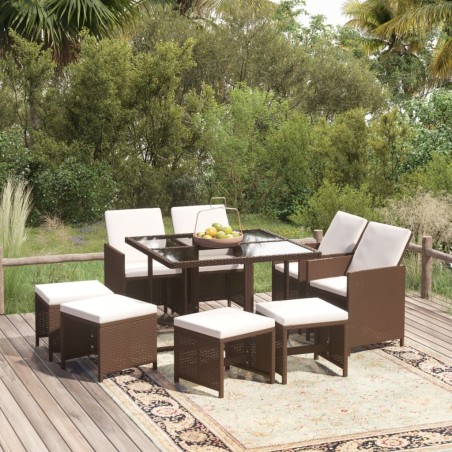 Ensemble à manger de jardin et coussins 9 pcs Poly rotin Marron