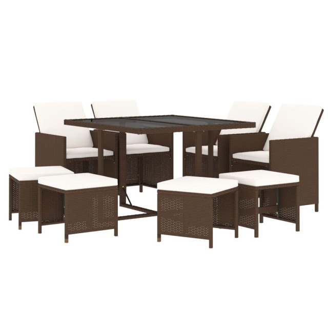 Ensemble à manger de jardin et coussins 9 pcs Poly rotin Marron