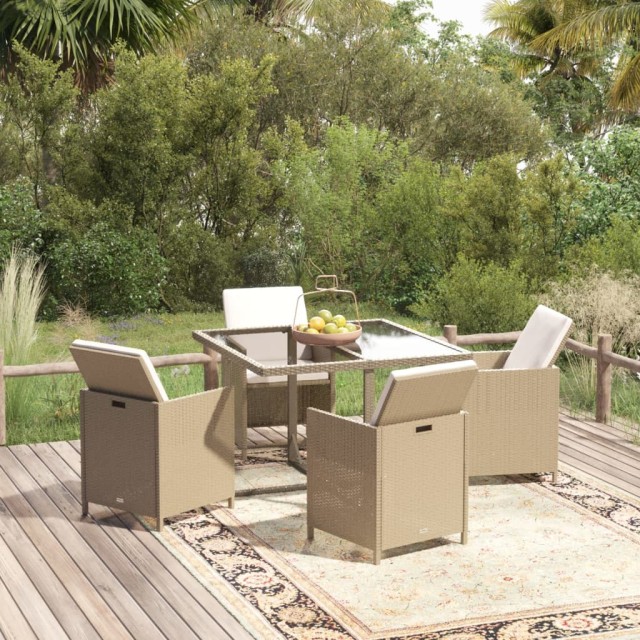 Ensemble à manger de jardin et coussins 5 pcs Poly rotin Beige