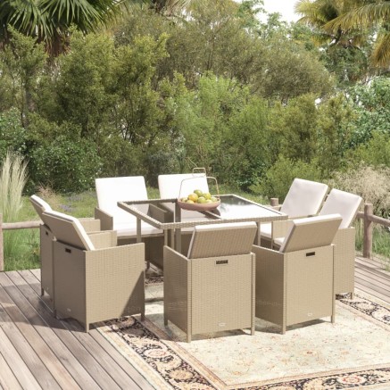 Ensemble à manger de jardin et coussins 9 pcs Poly rotin Beige