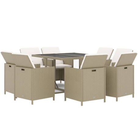 Ensemble à manger de jardin et coussins 9 pcs Poly rotin Beige