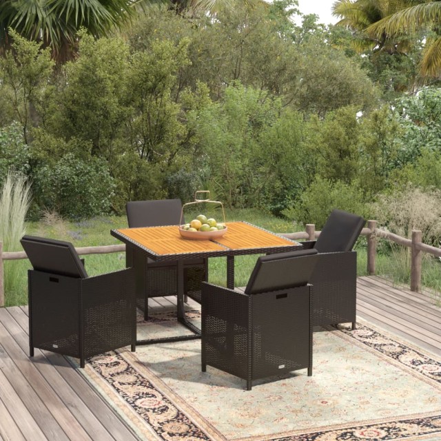 Ensemble à dîner de jardin avec coussins 5 pcs poly rotin noir