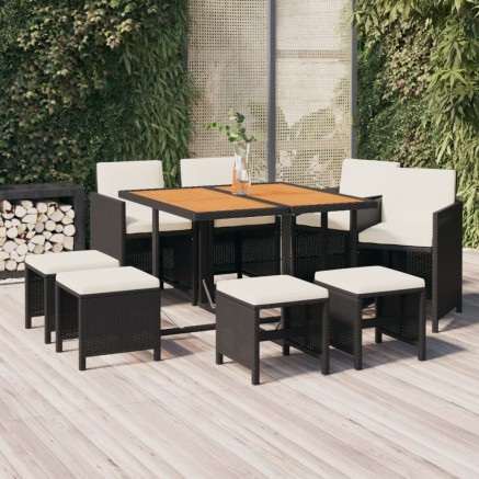 Ensemble à manger de jardin coussins 9pcs Résine tressée Noir