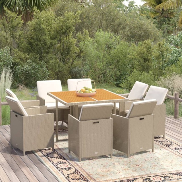 Ensemble à manger de jardin et coussins 9 pcs Poly rotin Beige