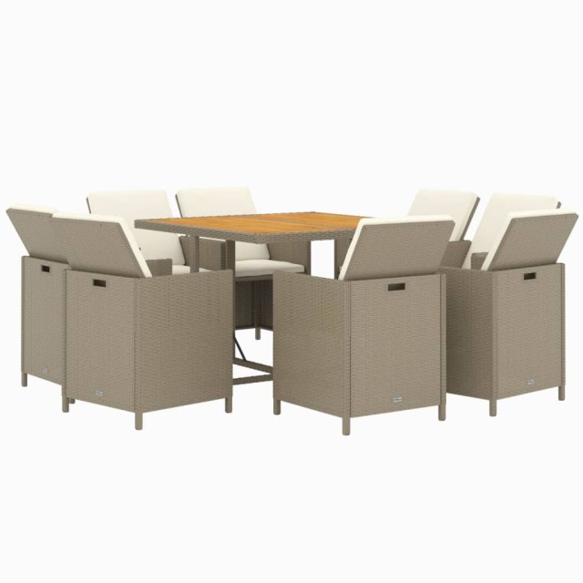 Ensemble à manger de jardin et coussins 9 pcs Poly rotin Beige
