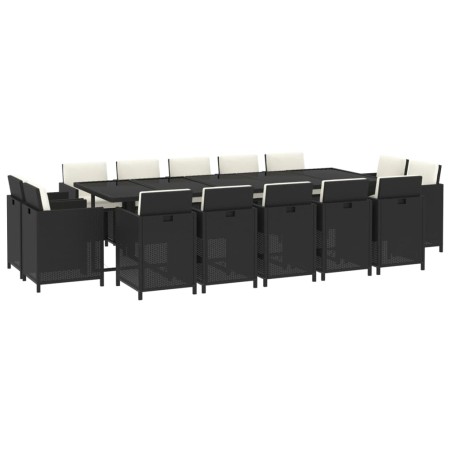 Ensemble à manger de jardin coussins 15 pcs Résine tressée Noir