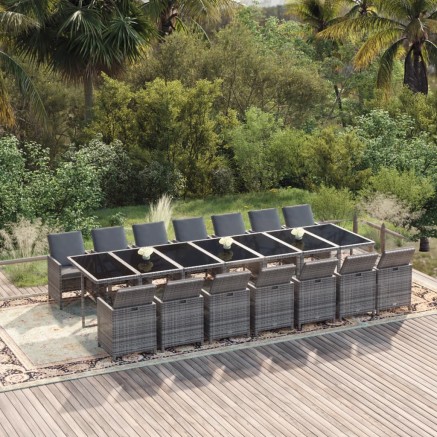 Ensemble à manger de jardin coussins 15 pcs Résine tressée Gris