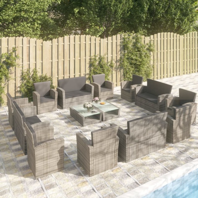 Salon de jardin 16 pcs avec coussins Résine tressée Gris