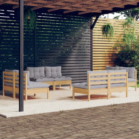 Salon de jardin 8 pcs avec coussins gris Bois de pin