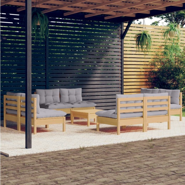 Salon de jardin 9 pcs avec coussins gris bois de pin