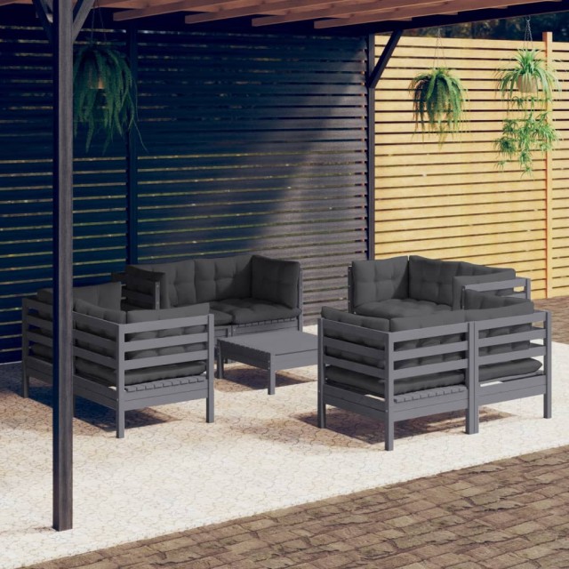 Salon de jardin 9 pcs avec coussins anthracite bois de pin