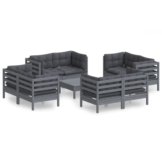 Salon de jardin 9 pcs avec coussins anthracite bois de pin