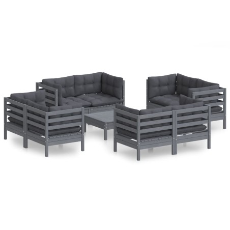 Salon de jardin 9 pcs avec coussins anthracite bois de pin