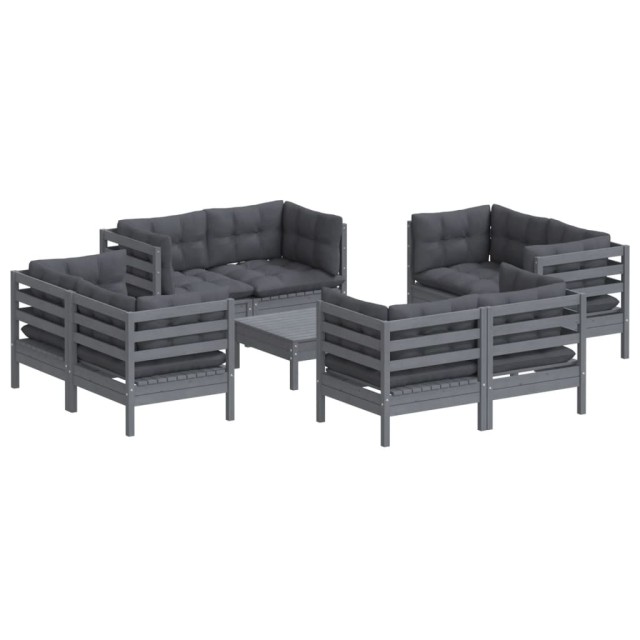 Salon de jardin 9 pcs avec coussins anthracite bois de pin