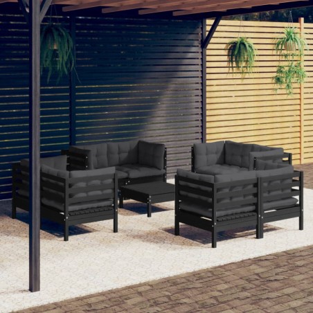 Salon de jardin 9 pcs avec coussins anthracite bois de pin