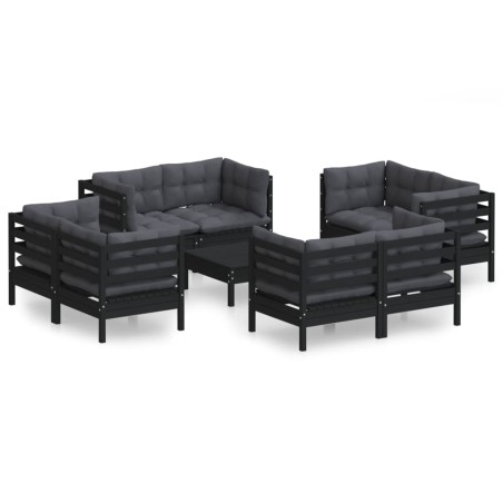 Salon de jardin 9 pcs avec coussins anthracite bois de pin