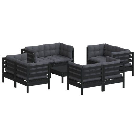 Salon de jardin 9 pcs avec coussins anthracite bois de pin