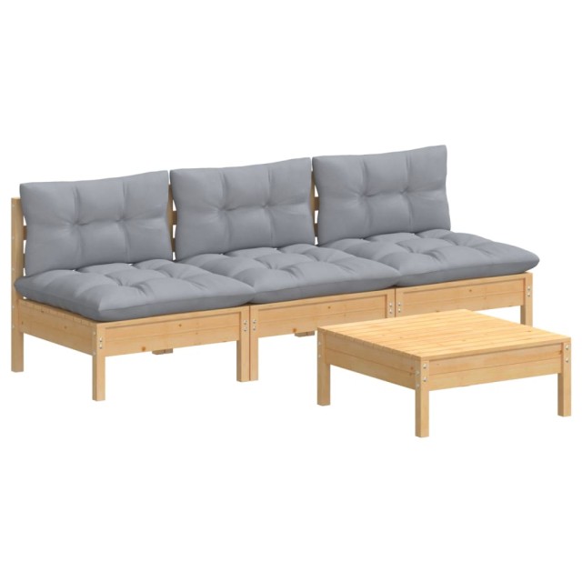 Salon de jardin 4 pcs avec coussins gris Bois de pin