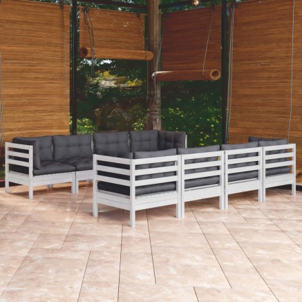 Salon de jardin 9 pcs avec coussins bois de pin massif