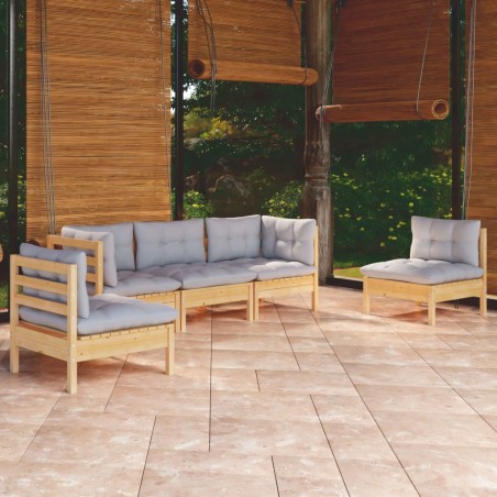 Salon de jardin 5 pcs avec coussins gris bois de pin massif