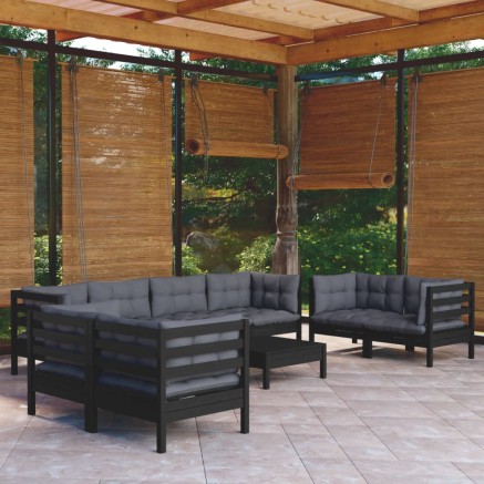 Salon de jardin 9 pcs avec coussins bois de pin massif