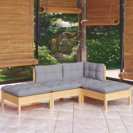 Salon de jardin 4 pcs avec coussins gris Bois de pin massif