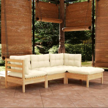 Salon de jardin 4 pcs avec coussins crème Bois de pin