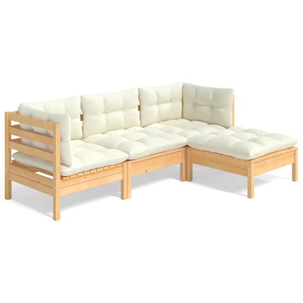 Salon de jardin 4 pcs avec coussins crème Bois de pin 2