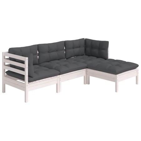 Salon de jardin 4 pcs avec coussins blanc bois de pin